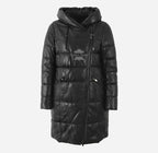 TERRIL Women Leather Puffer Hooded Duffle Coat Black