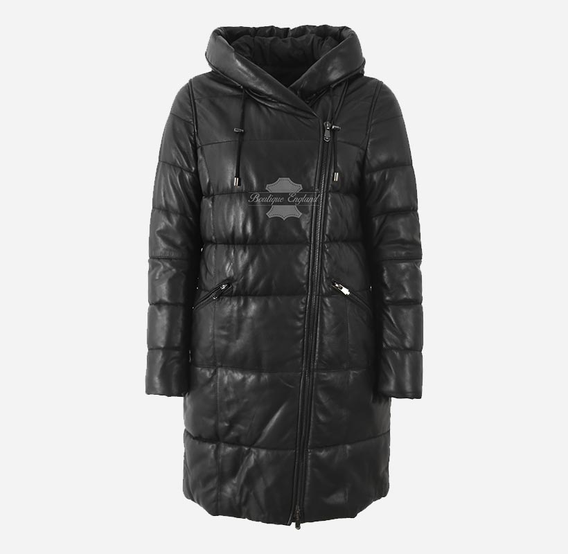 TERRIL Women Leather Puffer Hooded Duffle Coat Black