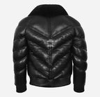 ACE Puffer Men's Leather Padded Fur Collar Bomber Jacket Black
