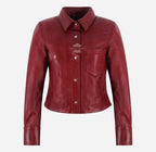 SHANESE Women’s Red Leather Shirt Jacket Shacket