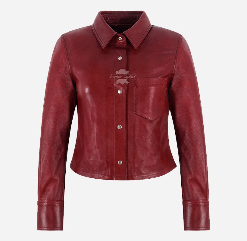 SHANESE Women’s Red Leather Shirt Jacket Shacket