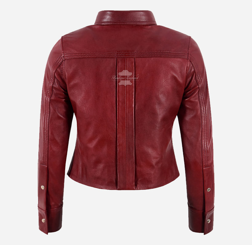 SHANESE Women’s Red Leather Shirt Jacket Shacket
