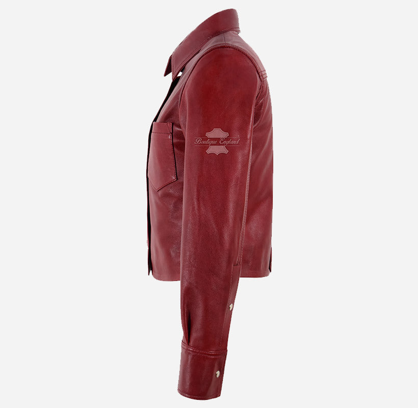 SHANESE Women’s Red Leather Shirt Jacket Shacket