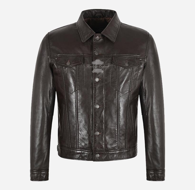 RASHFORD Men's Dark Brown Trucker Leather Jacket