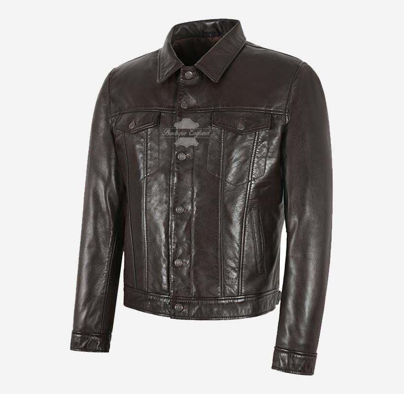 RASHFORD Men's Dark Brown Trucker Leather Jacket