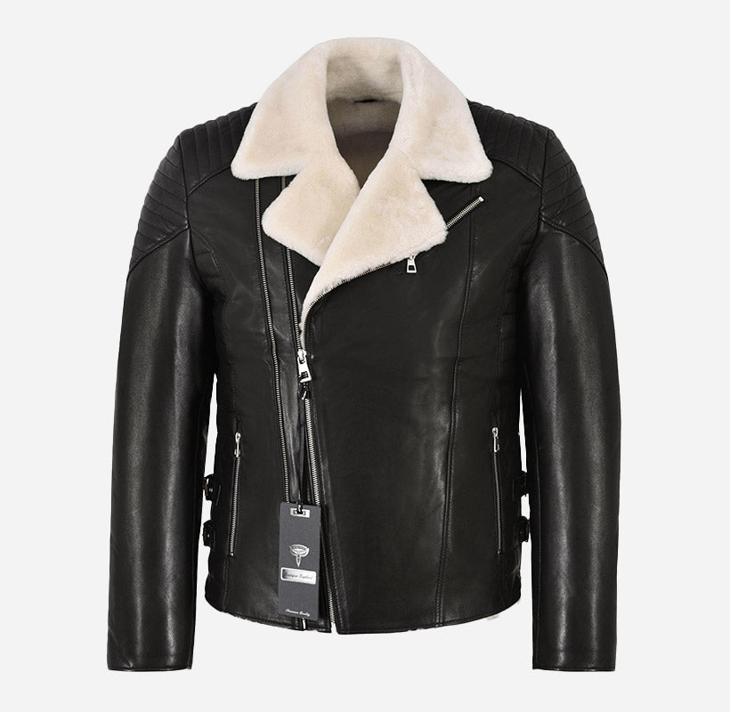 ZACHARY Men's Side Zip Biker Sheepskin Pilot Jacket
