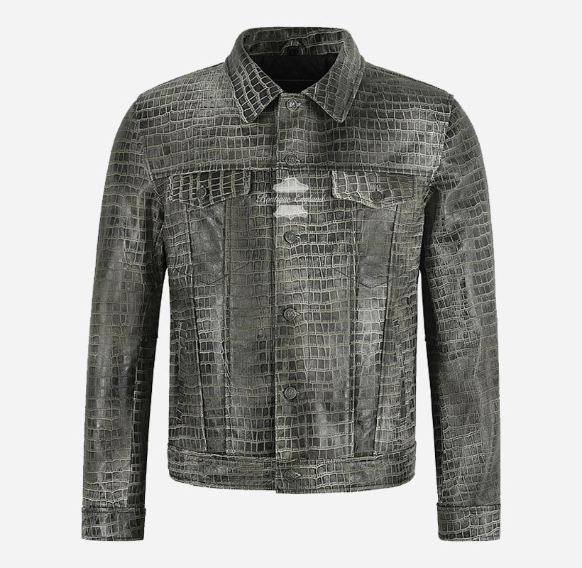 Rashford Croc Print Trucker Leather Jacket Leather Shacket