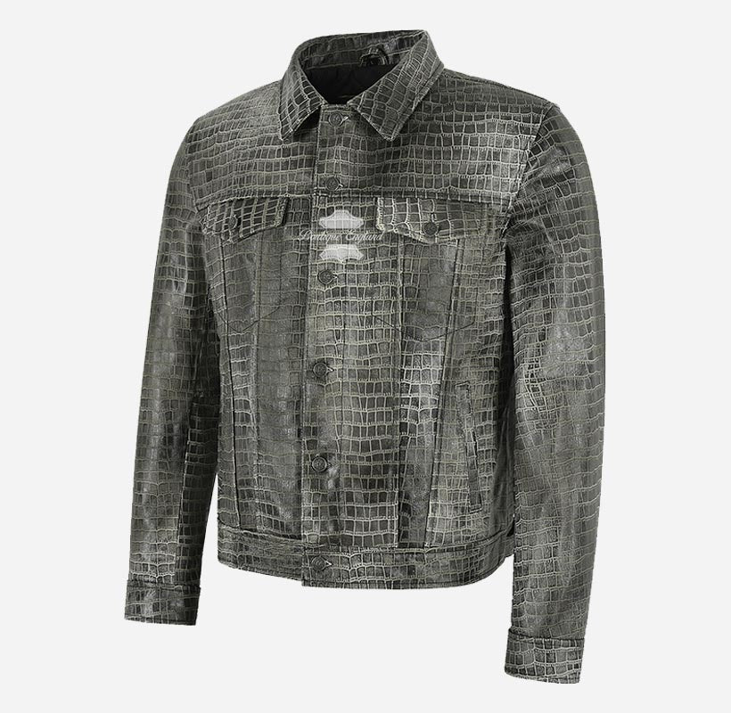 Rashford Croc Print Trucker Leather Jacket Leather Shacket