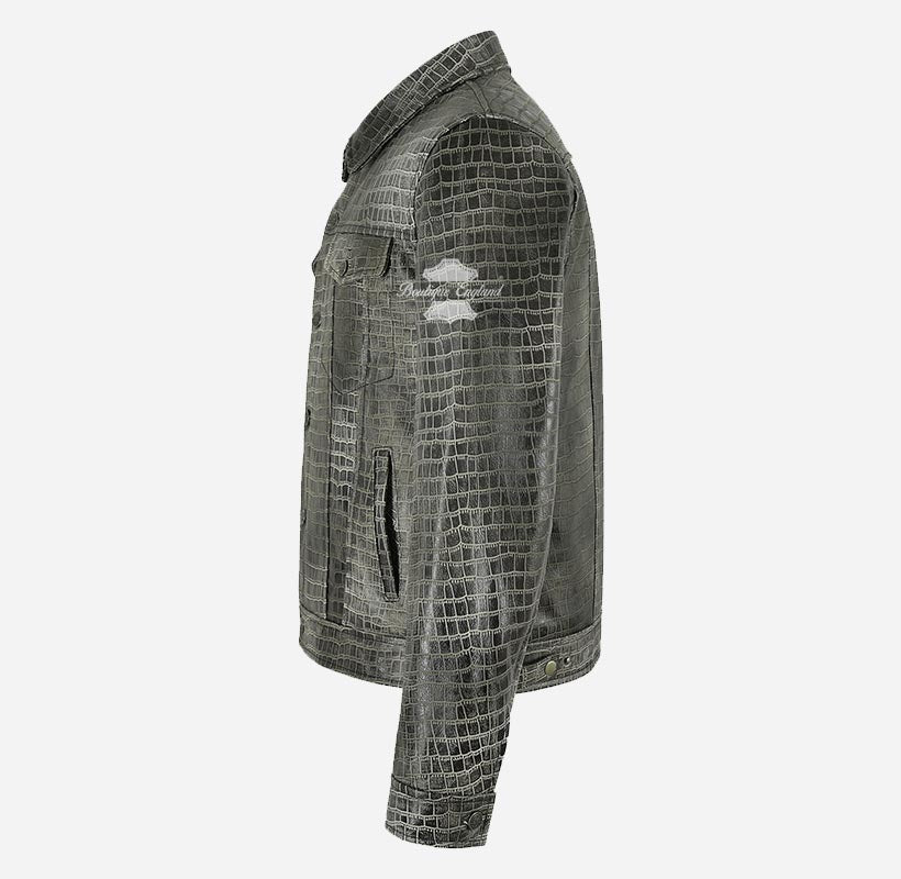 Rashford Croc Print Trucker Leather Jacket Leather Shacket
