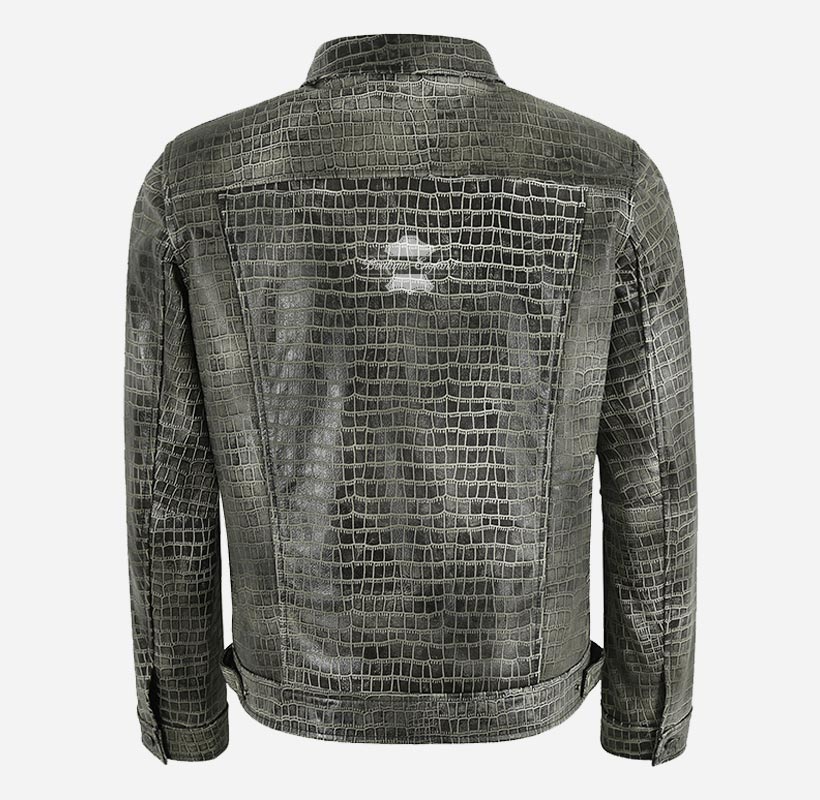Rashford Croc Print Trucker Leather Jacket Leather Shacket
