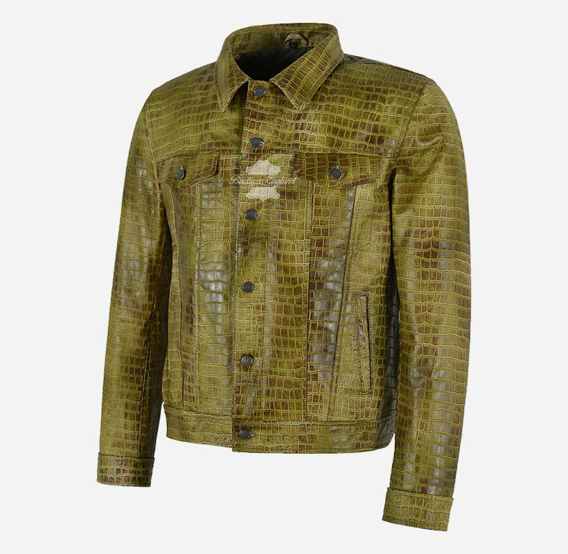Rashford Croc Print Trucker Leather Jacket Leather Shacket