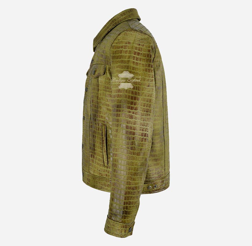 Rashford Croc Print Trucker Leather Jacket Leather Shacket