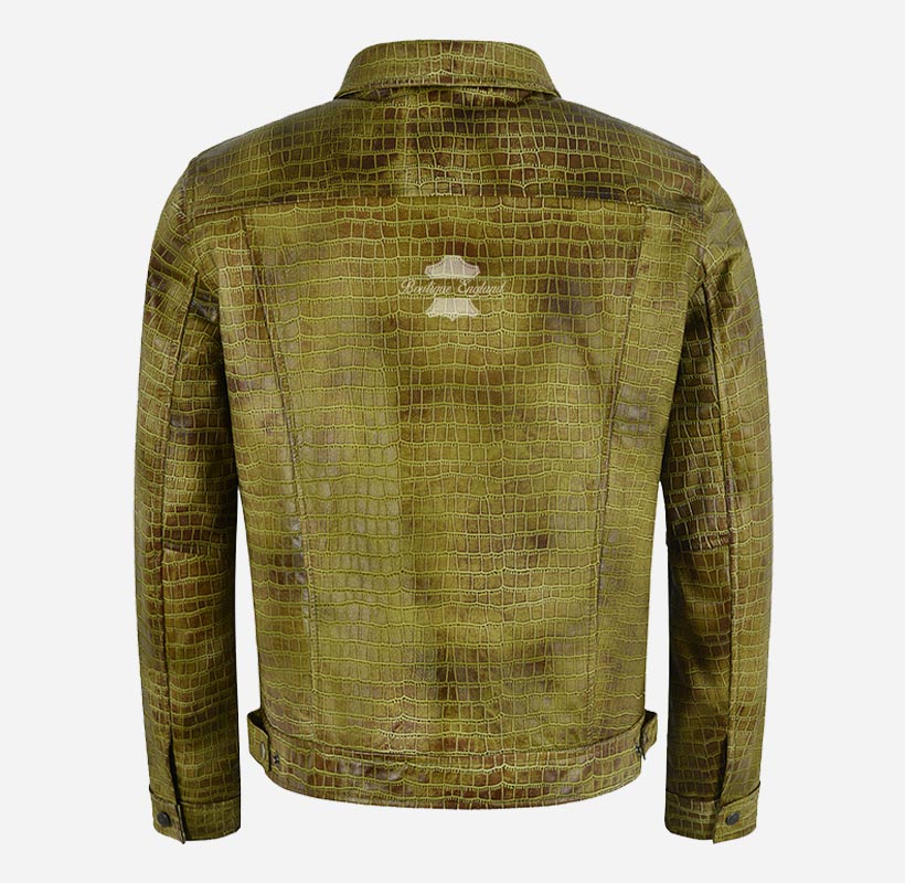 Rashford Croc Print Trucker Leather Jacket Leather Shacket