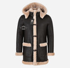 IVAR Men's Real Shearling Duffle Coat Sheepskin Fur Hooded Coat