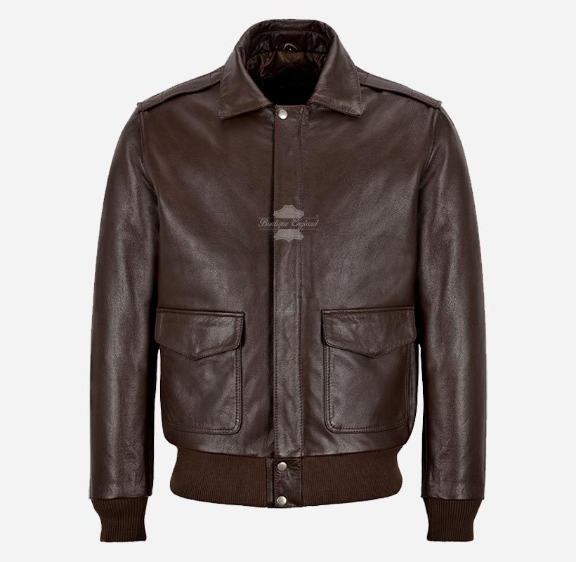 REIGNWOOD Men's Leather Bomber Jacket Brown Leather Bomber