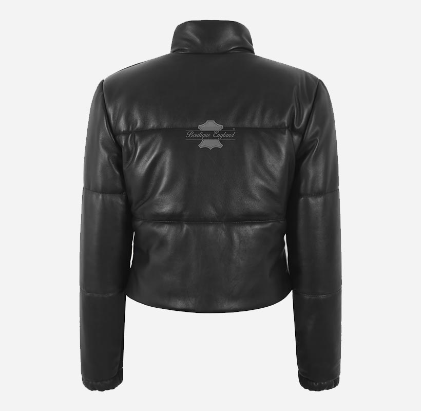 CERI Women Cropped Leather Puffer Jacket in Black