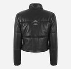 CERI Women Cropped Leather Puffer Jacket in Black
