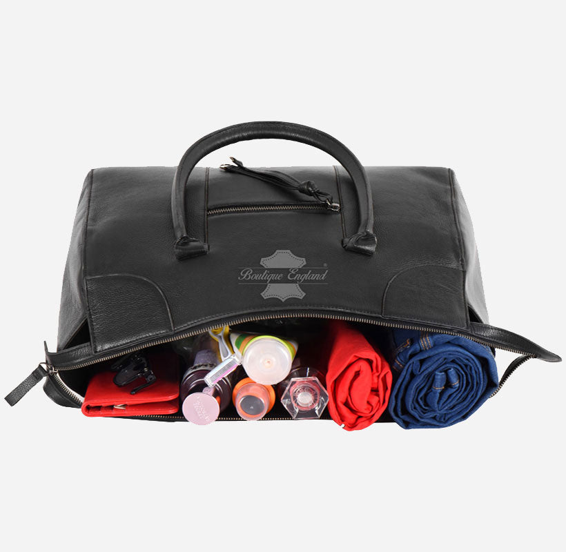 Large Leather Holdall Black - Weekend Duffel Travel Gym Bag