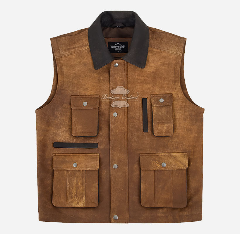 KOBON Men's Tan Leather Vest Leather Fisherman Gilet
