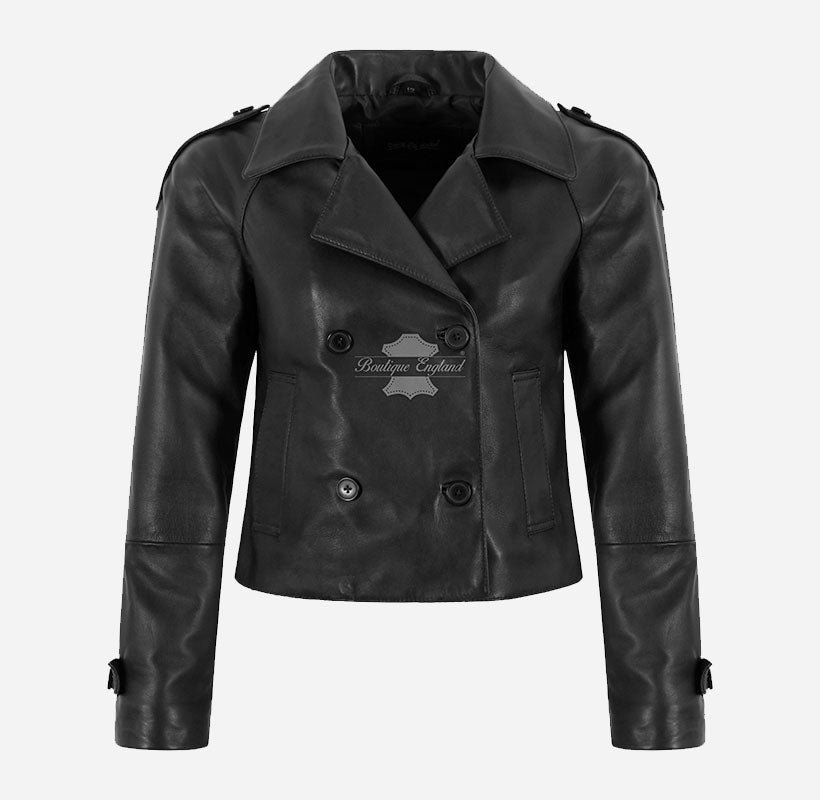 CLARION Women Double Breasted Short Leather Blazer Jacket