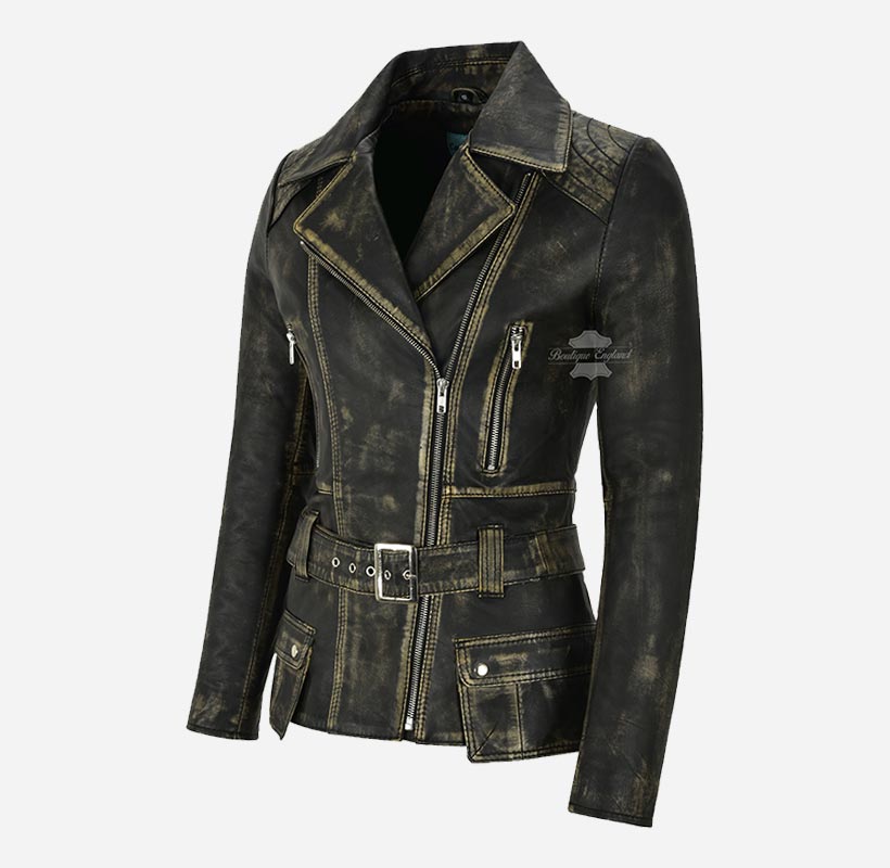 DESIRE Women's Trench Style Leather Jacket with Belt