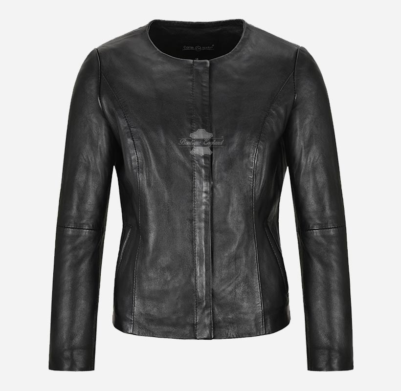 FERN Ladies Leather Collarless Jacket Biker Casual Fashion Jacket
