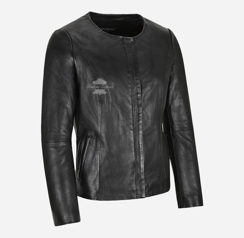 FERN Ladies Leather Collarless Jacket Biker Casual Fashion Jacket
