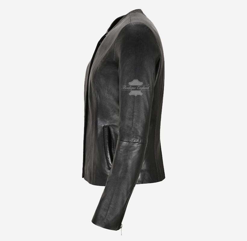 FERN Ladies Leather Collarless Jacket Biker Casual Fashion Jacket