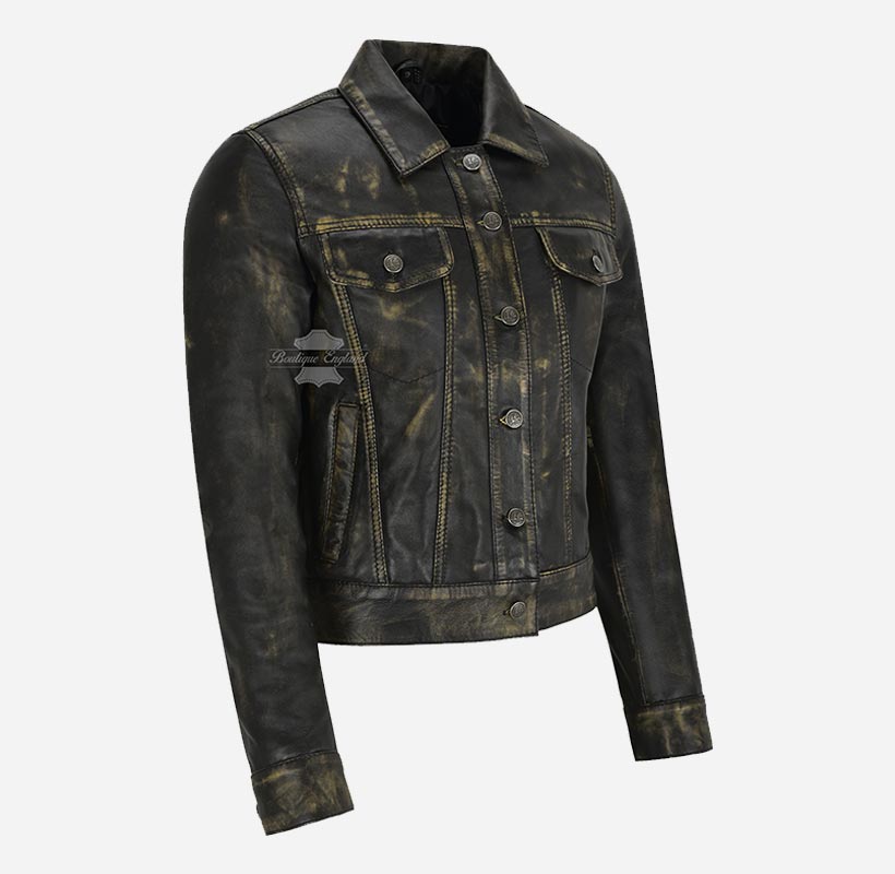 WOMEN TRUCKER Leather Shacket Vintage Waxed Leather Shirt Jacket