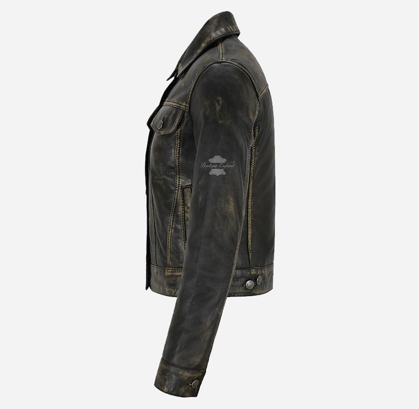 WOMEN TRUCKER Leather Shacket Vintage Waxed Leather Shirt Jacket