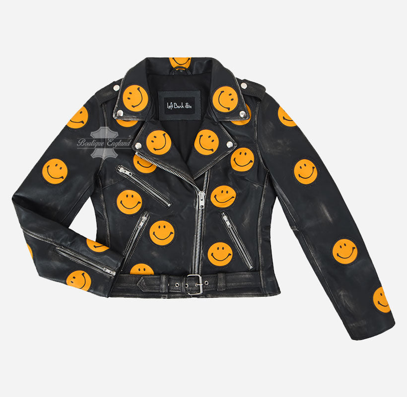 BRANDO Style Women’s Biker Leather Jacket with Yellow Smiley Face Patches