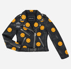 BRANDO Style Women’s Biker Leather Jacket with Yellow Smiley Face Patches