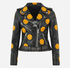 BRANDO Style Women’s Biker Leather Jacket with Yellow Smiley Face Patches