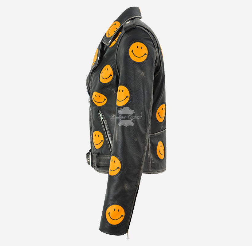BRANDO Style Women’s Biker Leather Jacket with Yellow Smiley Face Patches