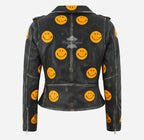 BRANDO Style Women’s Biker Leather Jacket with Yellow Smiley Face Patches