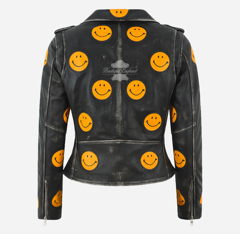 BRANDO Style Women’s Biker Leather Jacket with Yellow Smiley Face Patches