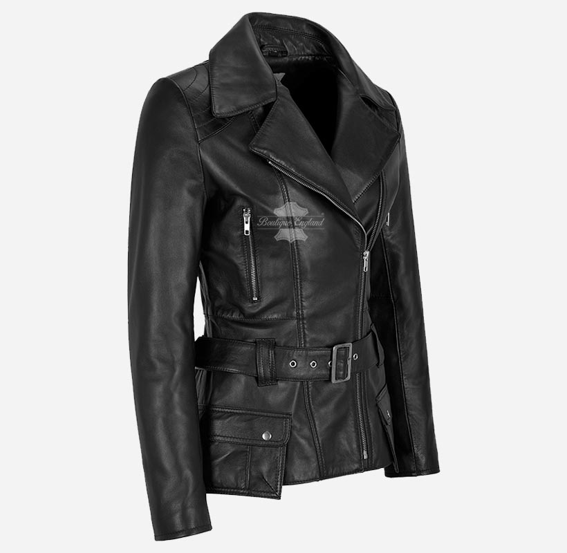 DESIRE Women's Trench Style Leather Jacket with Belt