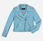EMILY Women Leather Biker Jacket Light Blue