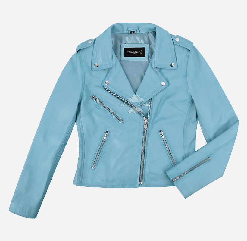 EMILY Women Leather Biker Jacket Light Blue