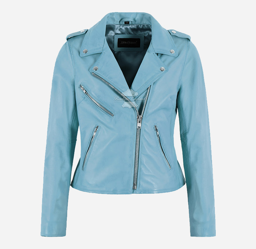 EMILY Women Leather Biker Jacket Light Blue