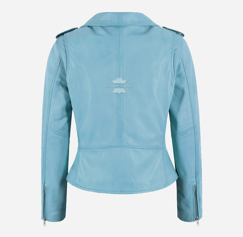 EMILY Women Leather Biker Jacket Light Blue