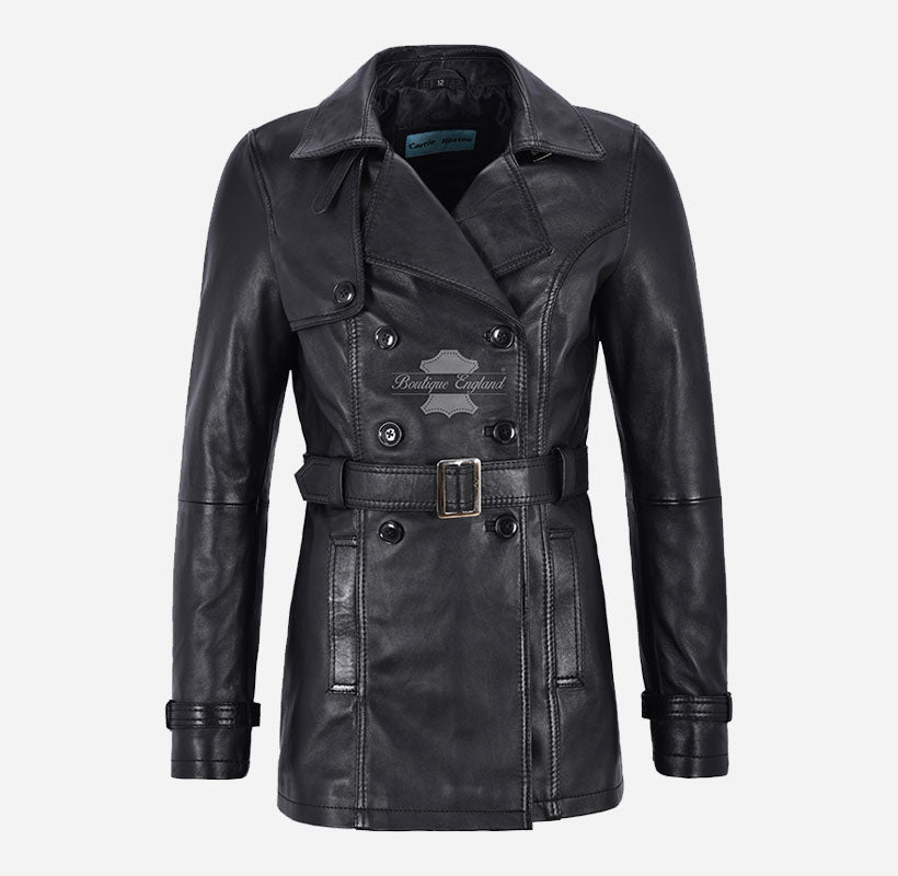 VENICE Women's Leather Double Breasted Mid-Length Trench Coat