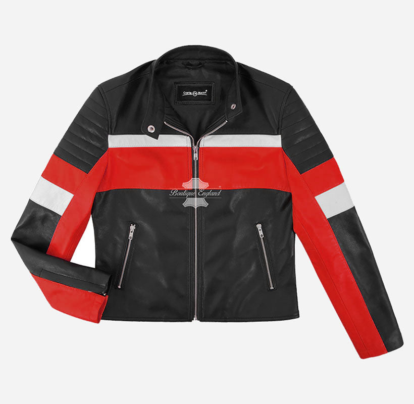 BOLT Women Leather Jacket Biker Style Black Red Jacket