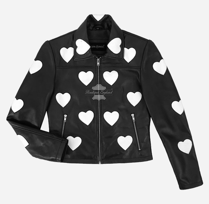 MADELINE Women's Collared Leather Jacket with Heart Detailing
