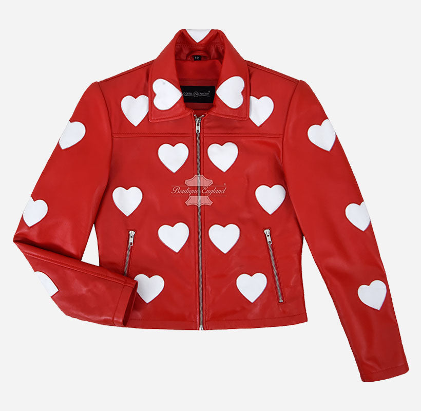 MADELINE Women's Collared Leather Jacket with Heart Detailing