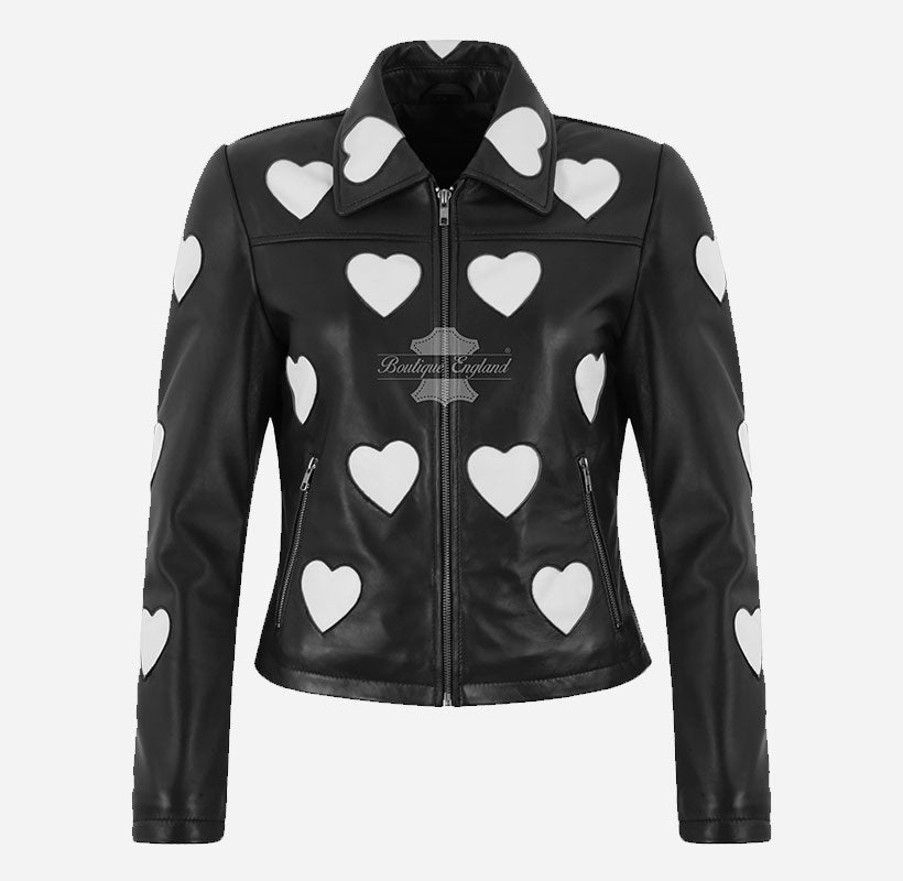 MADELINE Women's Collared Leather Jacket with Heart Detailing