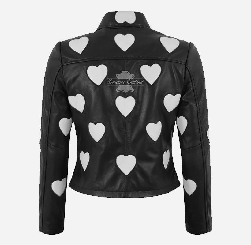 MADELINE Women's Collared Leather Jacket with Heart Detailing
