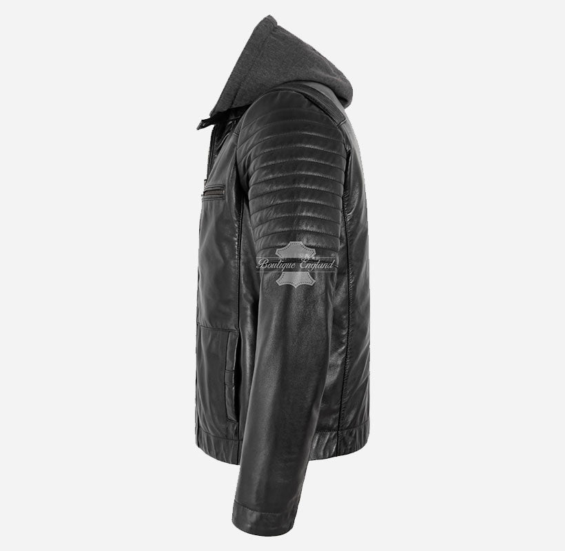 CLARK Men's Leather Hooded Jacket with Removeable Fabric Hoodie