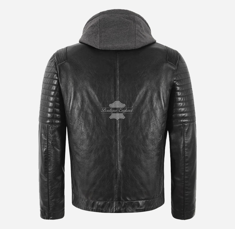 CLARK Men's Leather Hooded Jacket with Removeable Fabric Hoodie