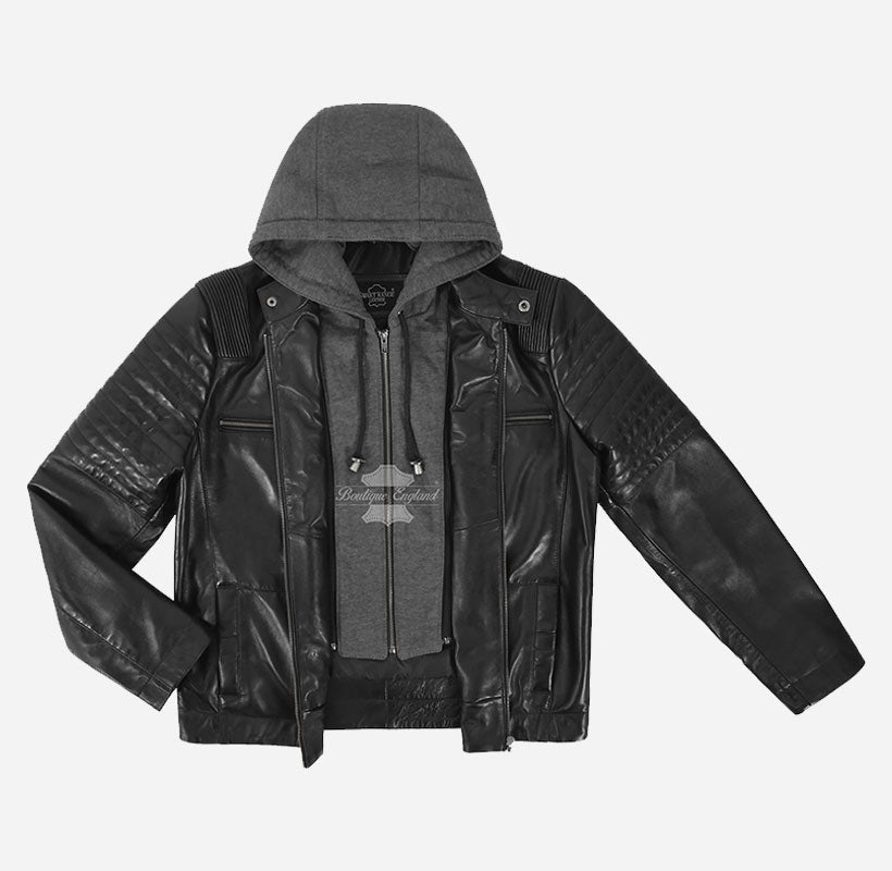 CLARK Men's Leather Hooded Jacket with Removeable Fabric Hoodie